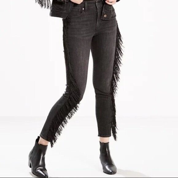 Levis 721 Fringe High Rise Skinny Ankle Black Jeans Western Cowgirl Inspired 32 - Picture 1 of 8